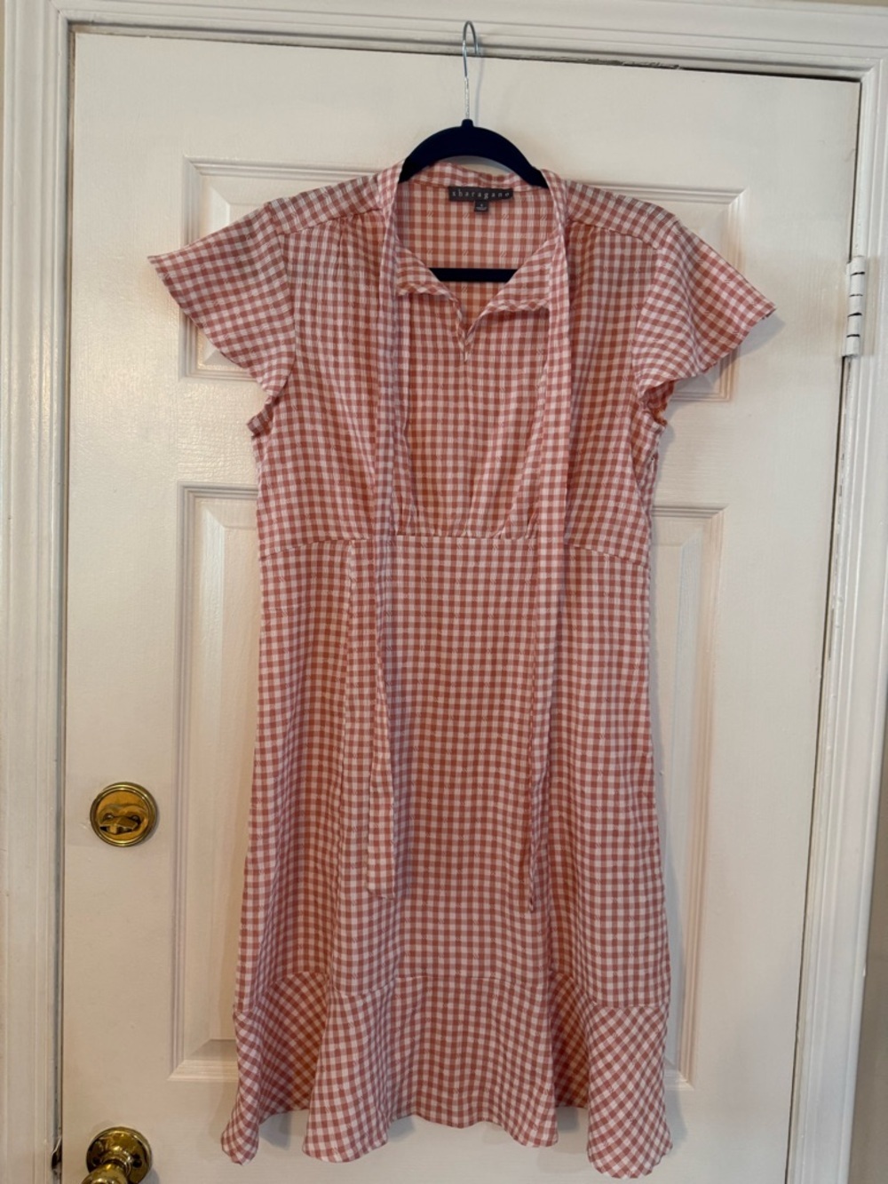 Sharagano Pink Gingham Tie-Waist Midi Dress
